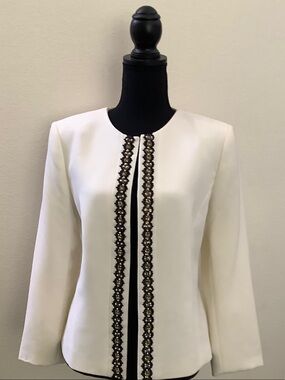 Tahari Ivory Open-Front Blazer with Black Lace Trim